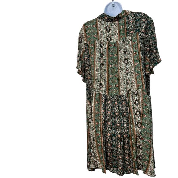 Easel Floral Earthy Geometric Babydoll Dress Sage Green Retro Flair Indie Sz 1X - Picture 5 of 11